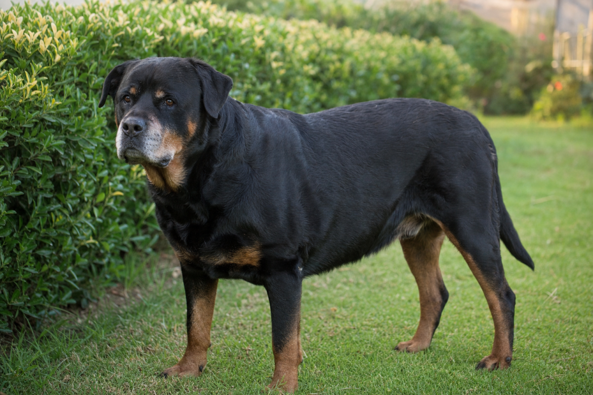 Senior Rottweiler with a greying muzzle standing on grass beside a garden hedge