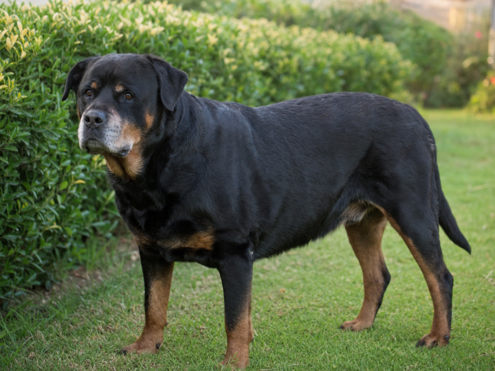 Senior Rottweiler with a greying muzzle standing on grass beside a garden hedge