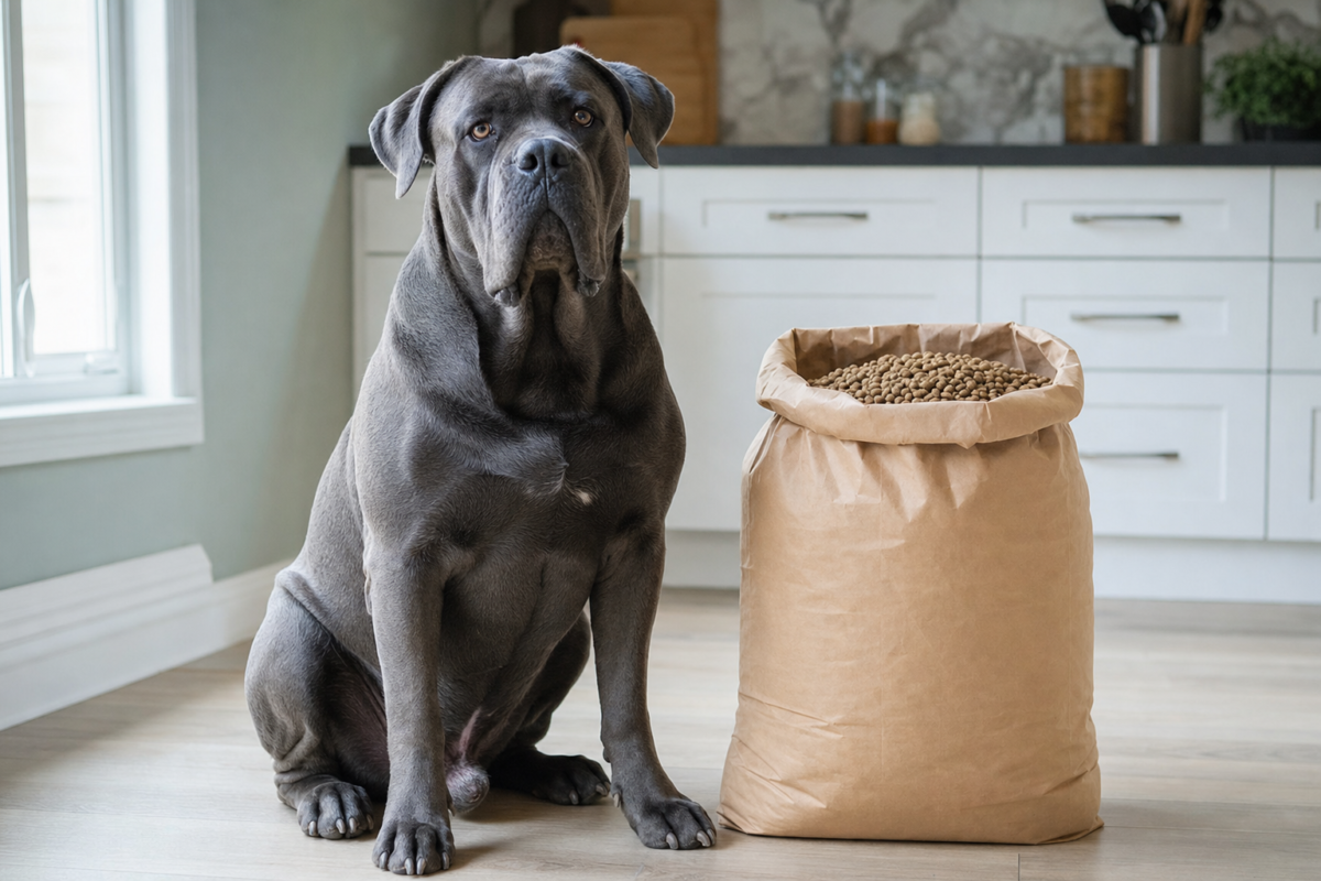 Adult grey Cane Corso sitting on a kitchen floor beside a large open paper sack of dry kibble
