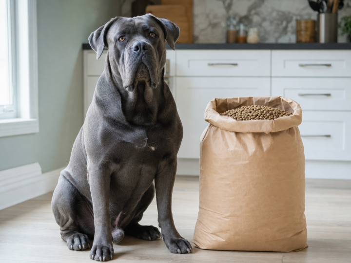 Adult grey Cane Corso sitting on a kitchen floor beside a large open paper sack of dry kibble
