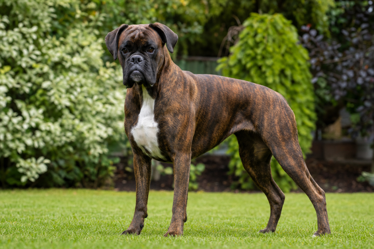 Adult brindle Boxer standing squarely on a green garden lawn with all four paws visible on the grass