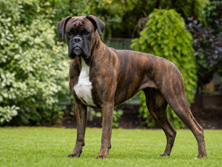 Adult brindle Boxer standing squarely on a green garden lawn with all four paws visible on the grass