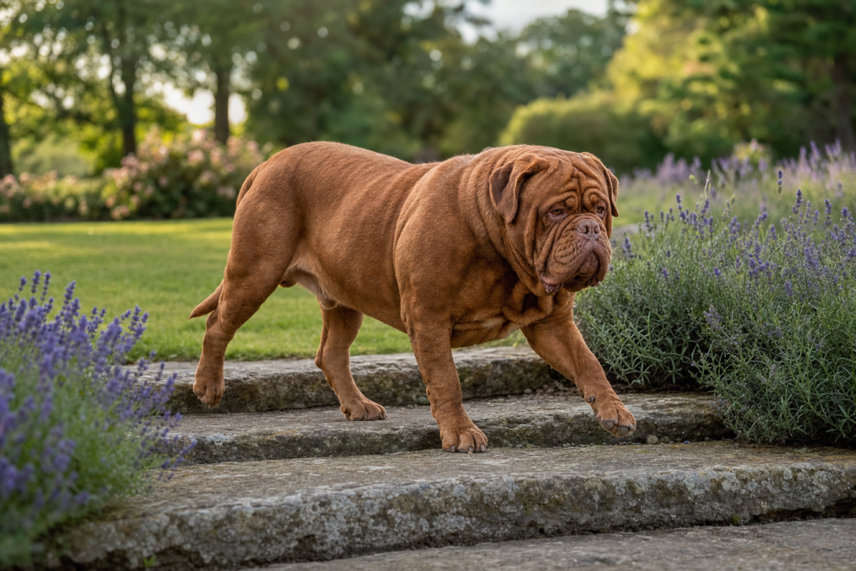 Adult red mahogany Dogue de Bordeaux walking up shallow stone garden steps between lavender borders