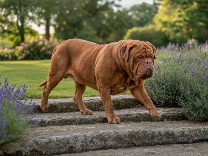 Adult red mahogany Dogue de Bordeaux walking up shallow stone garden steps between lavender borders