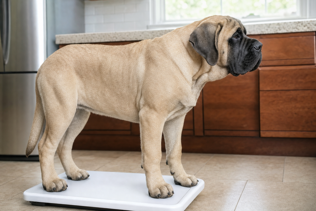 Adolescent fawn English Mastiff puppy standing on a white bathroom scale on a tiled kitchen floor