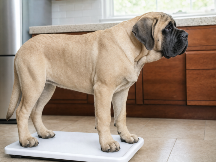 Adolescent fawn English Mastiff puppy standing on a white bathroom scale on a tiled kitchen floor