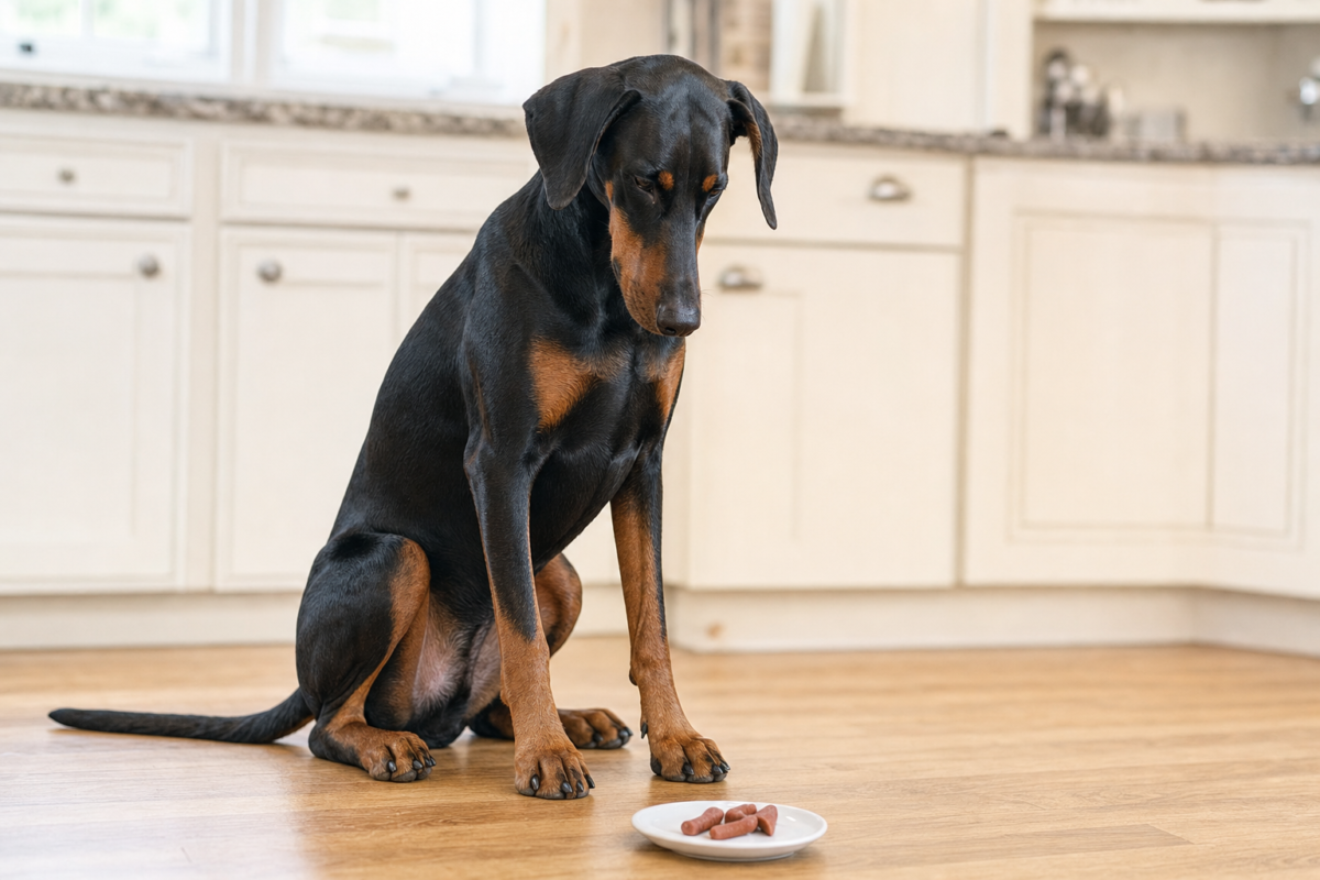 Adult black and rust Doberman with natural floppy ears sitting on a wooden kitchen floor looking at a white dish of soft chews