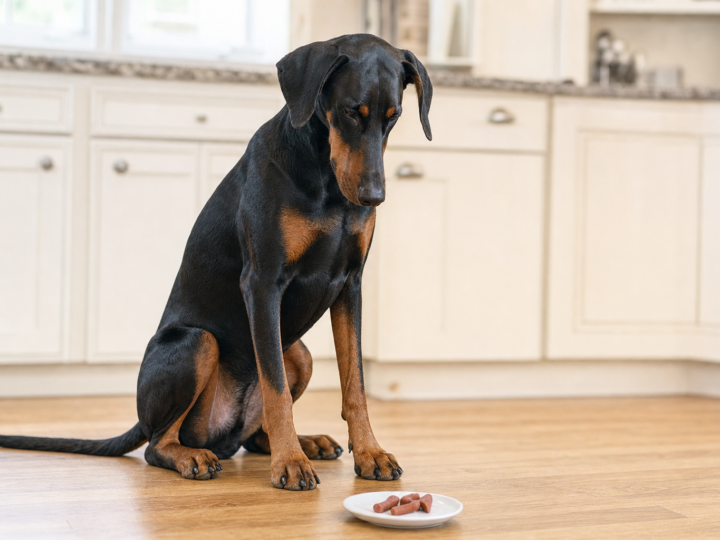 Adult black and rust Doberman with natural floppy ears sitting on a wooden kitchen floor looking at a white dish of soft chews