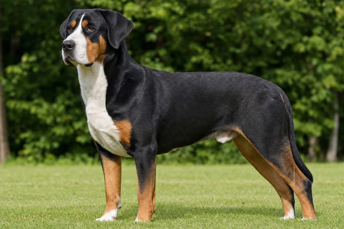 Adult Greater Swiss Mountain Dog with a short black rust and white tricolour coat standing in profile on a green lawn