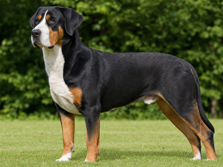 Adult Greater Swiss Mountain Dog with a short black rust and white tricolour coat standing in profile on a green lawn