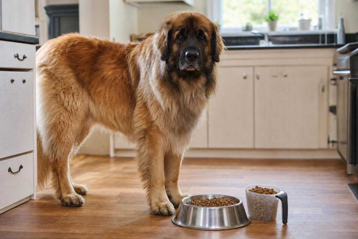 Adult Leonberger standing beside a stainless steel bowl of kibble and a measuring cup on a kitchen floor