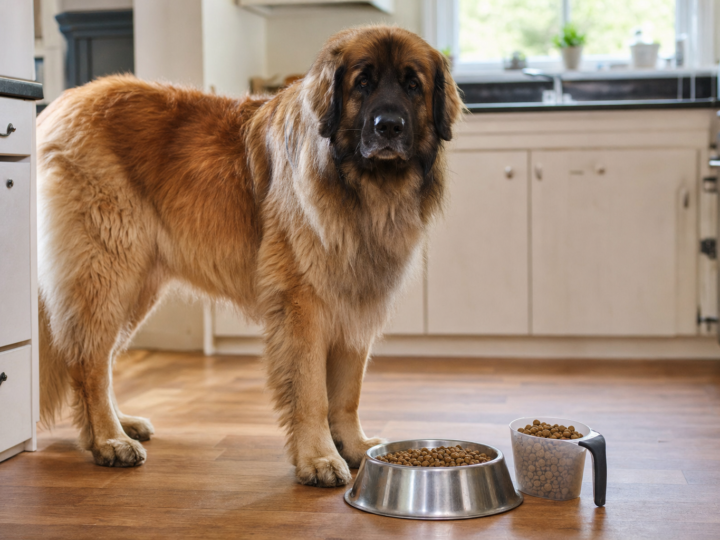 Adult Leonberger standing beside a stainless steel bowl of kibble and a measuring cup on a kitchen floor