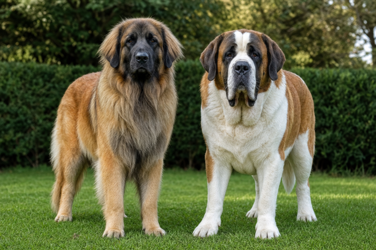 Tawny Leonberger with a black face mask standing beside a red and white Saint Bernard on a green grass lawn