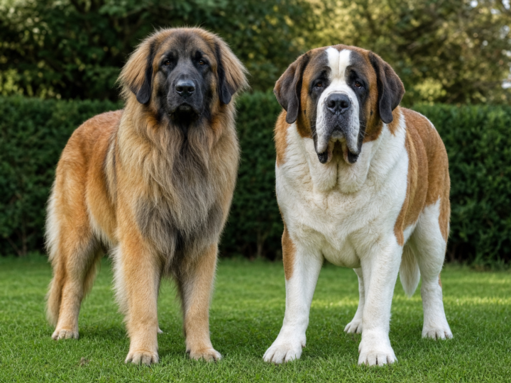 Tawny Leonberger with a black face mask standing beside a red and white Saint Bernard on a green grass lawn