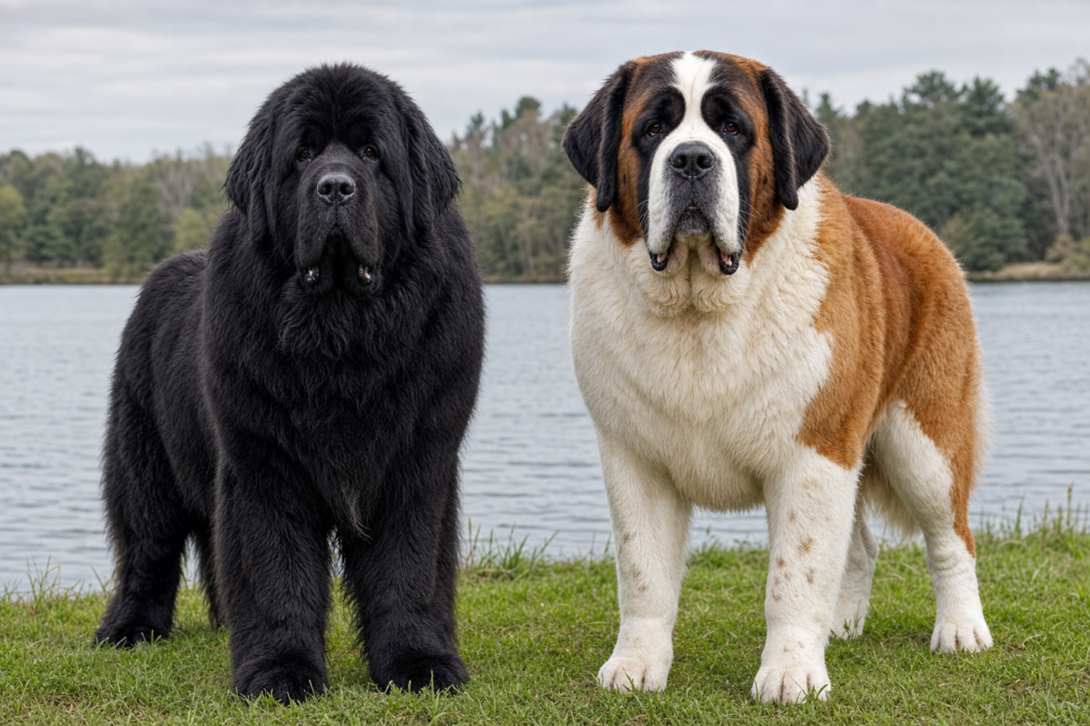 Adult black Newfoundland standing beside a red and white Saint Bernard on a grassy lakeside shore
