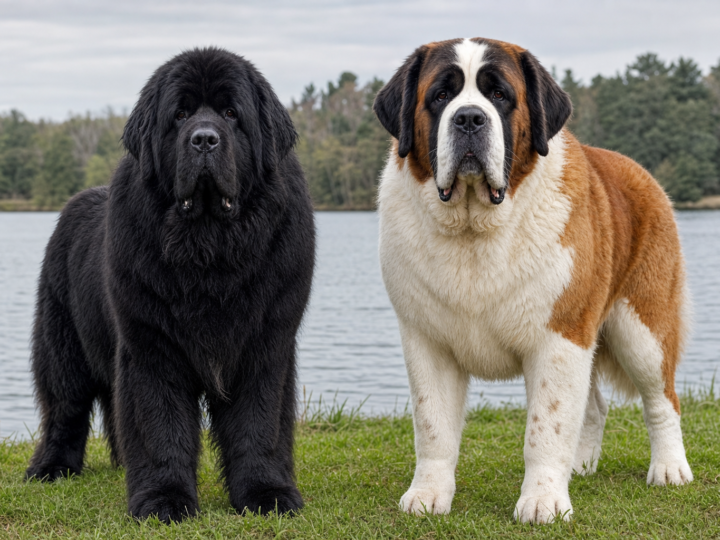 Adult black Newfoundland standing beside a red and white Saint Bernard on a grassy lakeside shore