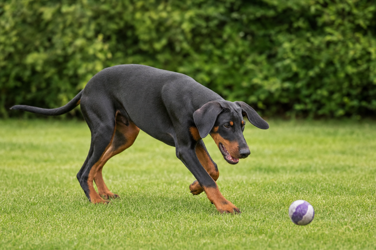Adolescent black and tan Doberman puppy chasing a ball across a green grass lawn