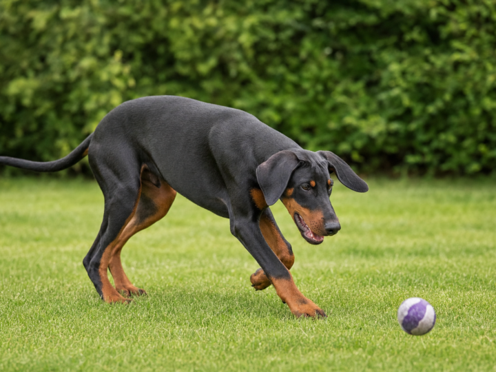 Adolescent black and tan Doberman puppy chasing a ball across a green grass lawn