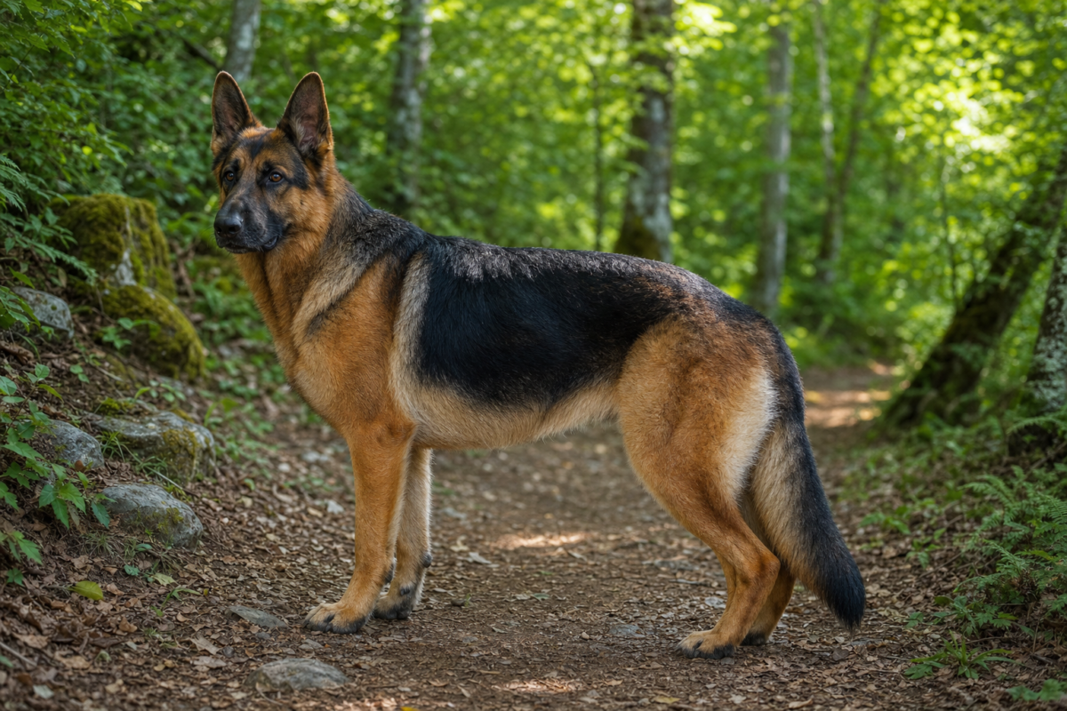 Adult black and tan German Shepherd standing on a dirt woodland trail lined with mossy rocks and ferns
