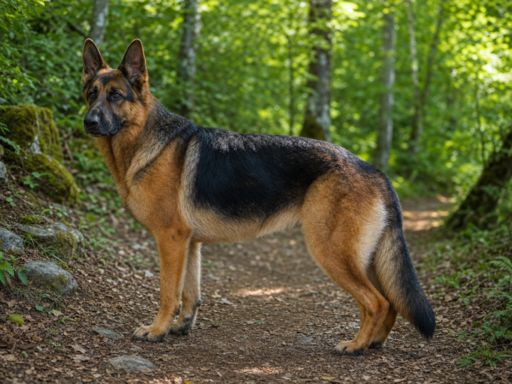 Adult black and tan German Shepherd standing on a dirt woodland trail lined with mossy rocks and ferns