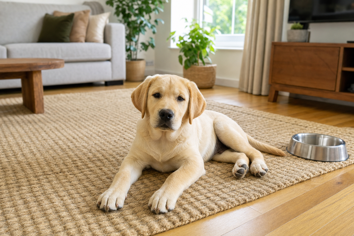 Yellow Labrador Retriever puppy lying on a woven rug in a bright living room beside a stainless steel bowl