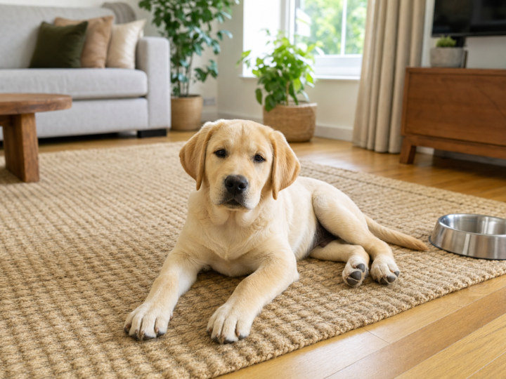 Yellow Labrador Retriever puppy lying on a woven rug in a bright living room beside a stainless steel bowl