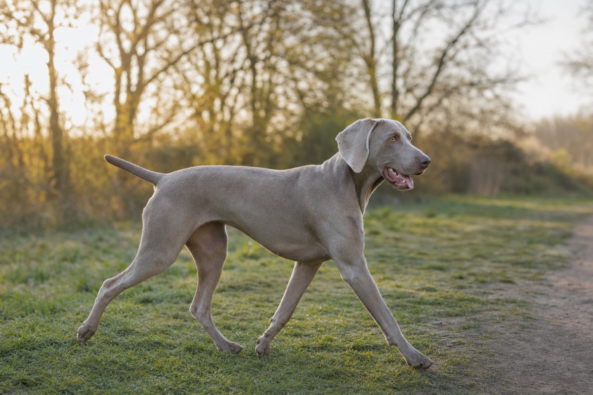Adult silver grey Weimaraner with long drop ears trotting on green grass beside a dirt trail in early morning light