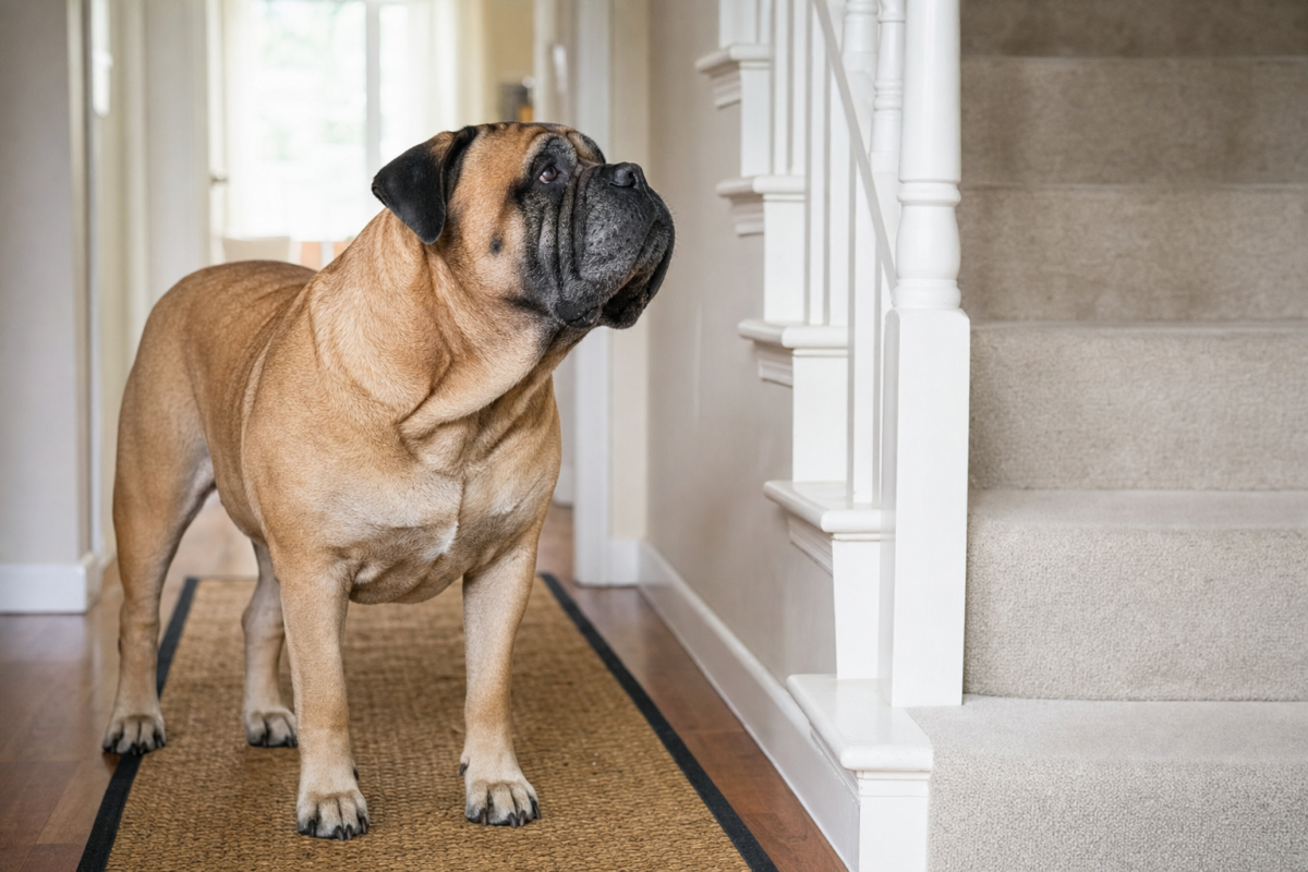 Senior Bullmastiff with a greying muzzle standing on a hallway runner rug at the foot of a carpeted staircase
