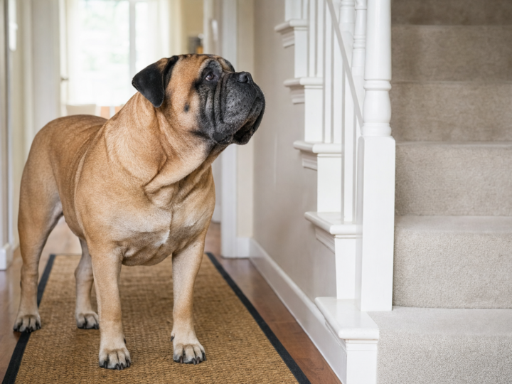 Senior Bullmastiff with a greying muzzle standing on a hallway runner rug at the foot of a carpeted staircase