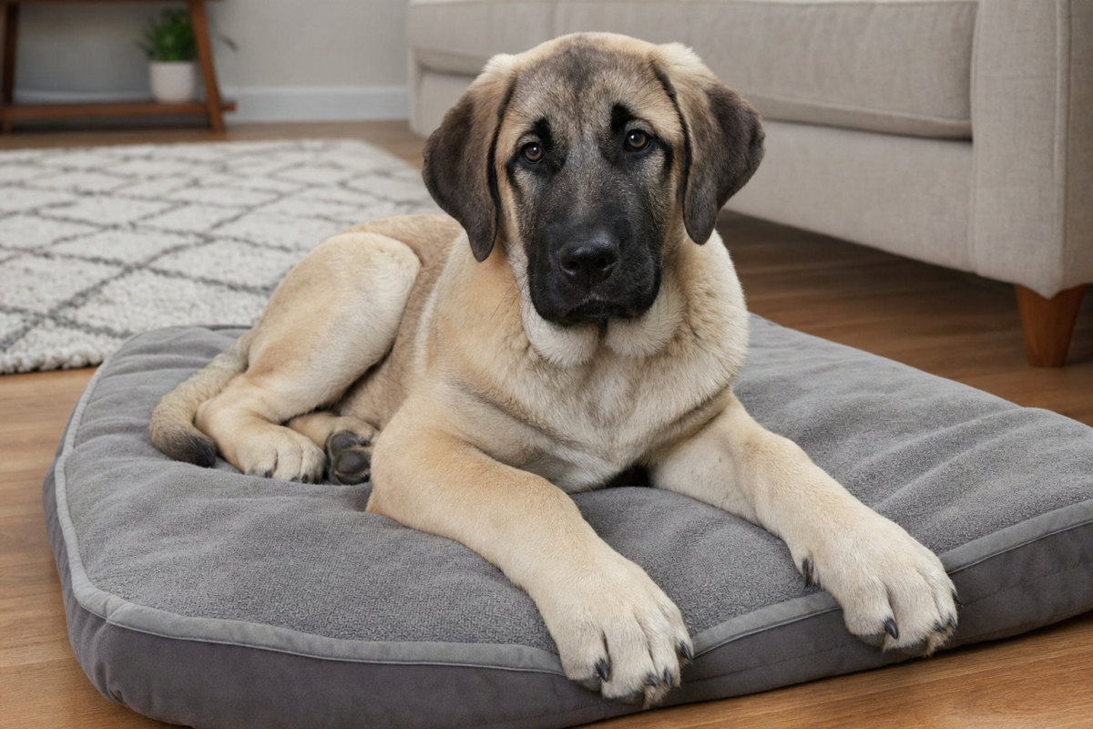 Fawn Anatolian Shepherd puppy with a black mask lying on a grey padded dog bed on a wooden living room floor