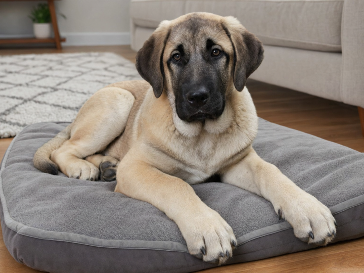 Fawn Anatolian Shepherd puppy with a black mask lying on a grey padded dog bed on a wooden living room floor
