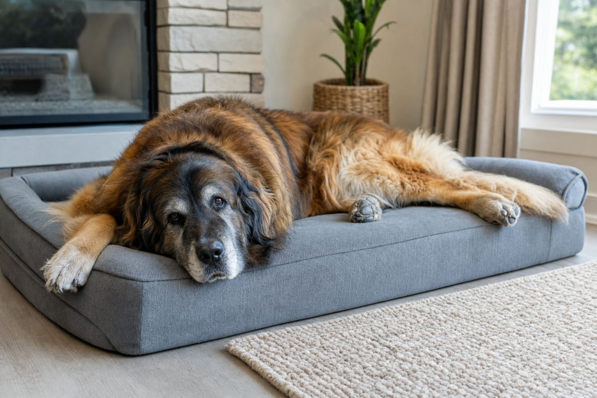 Senior Leonberger with a greying muzzle and thick golden coat lying stretched out on a grey orthopaedic dog bed in a living room