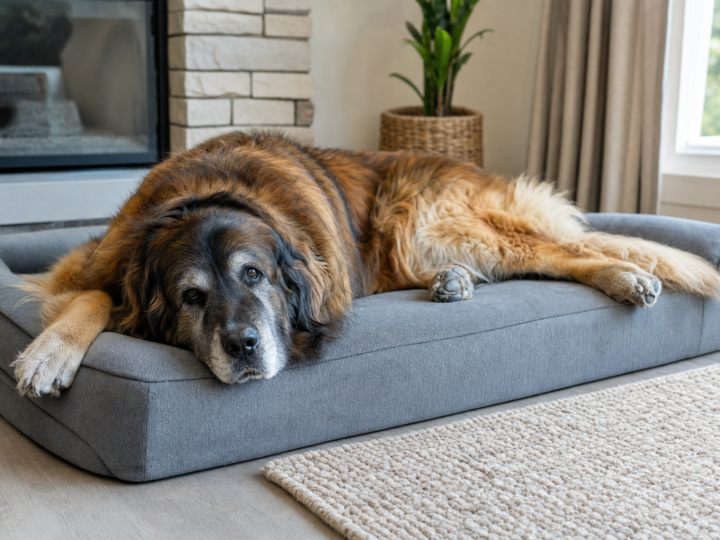 Senior Leonberger with a greying muzzle and thick golden coat lying stretched out on a grey orthopaedic dog bed in a living room