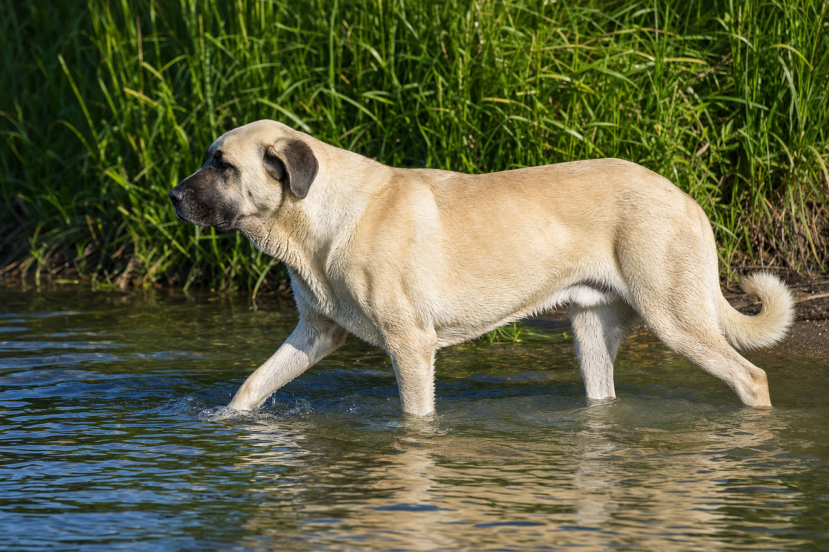 Adult fawn Anatolian Shepherd with a black mask wading through shallow lake water beside tall green reeds