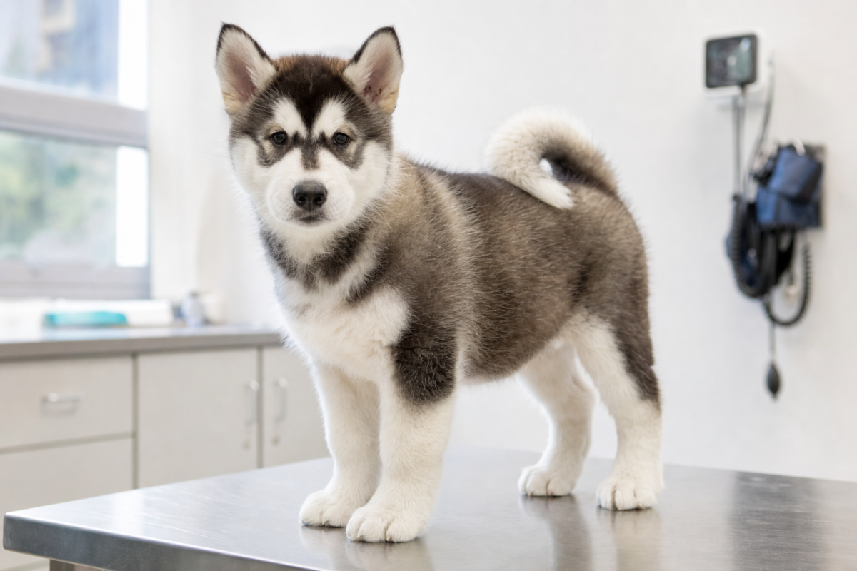 Grey and white Alaskan Malamute puppy standing on a stainless steel examination table in a bright veterinary consulting room