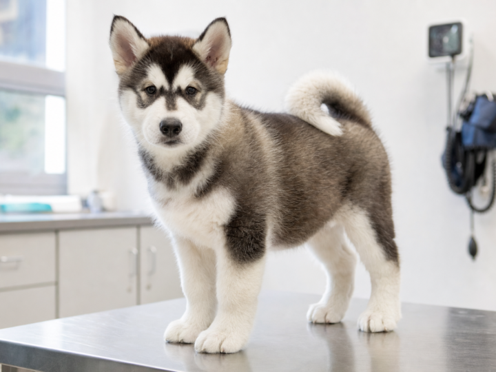 Grey and white Alaskan Malamute puppy standing on a stainless steel examination table in a bright veterinary consulting room