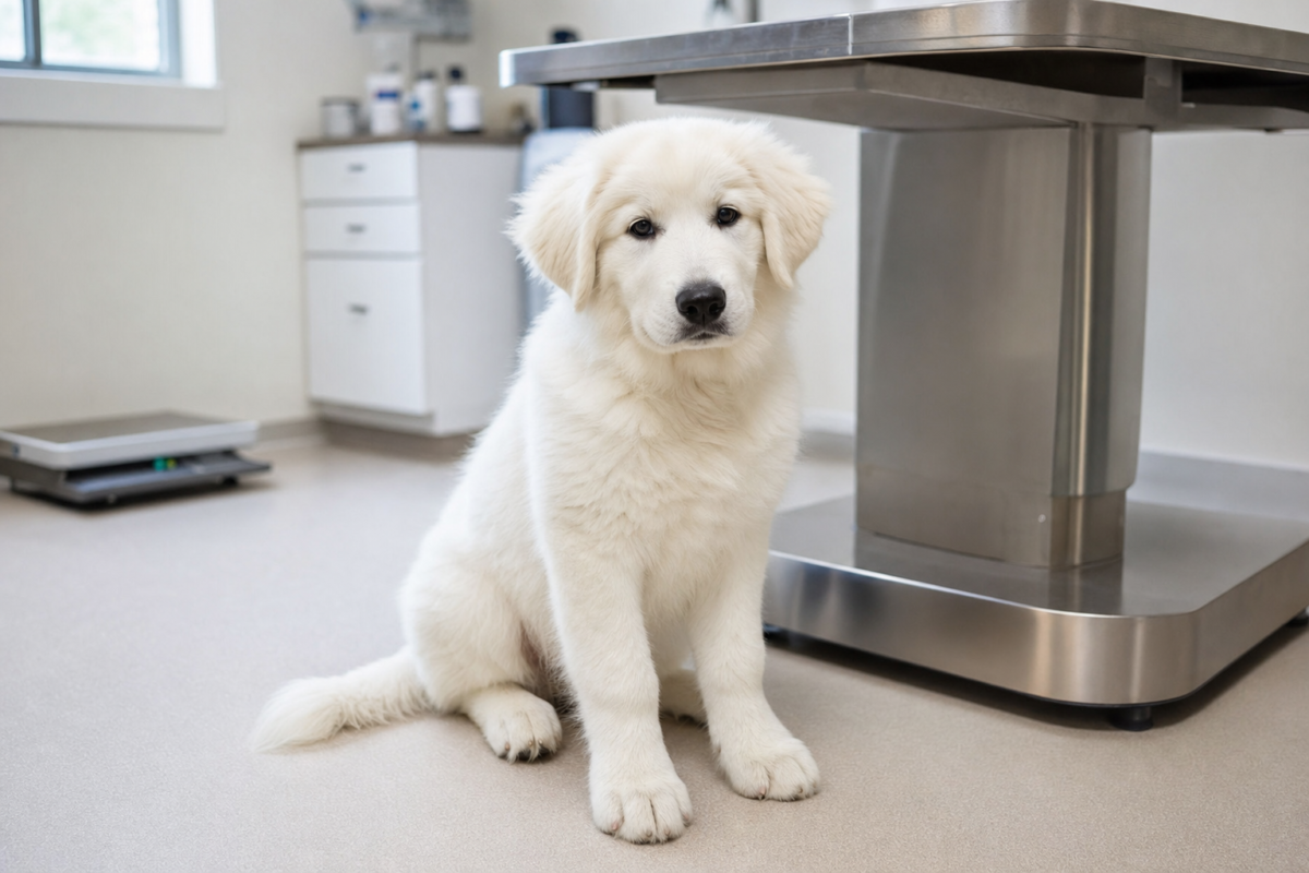 White Great Pyrenees puppy sitting beside a stainless steel exam table in a veterinary exam room