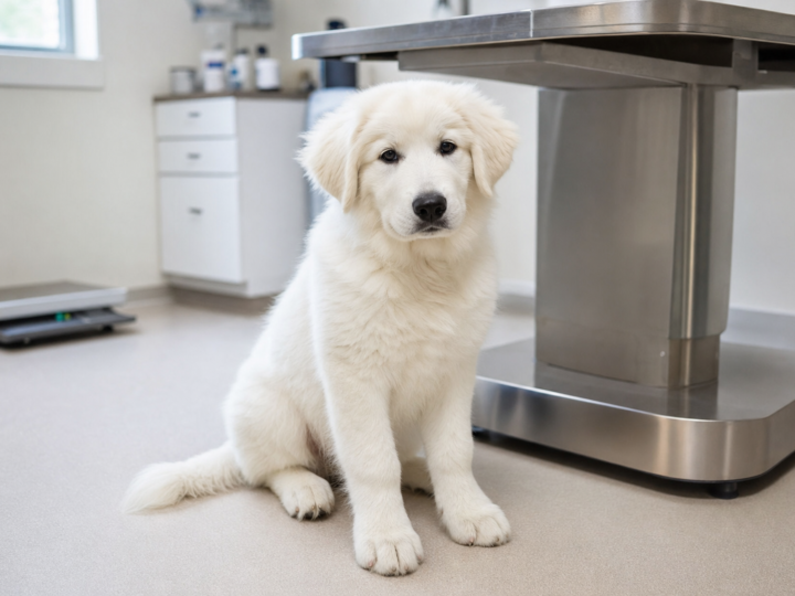 White Great Pyrenees puppy sitting beside a stainless steel exam table in a veterinary exam room