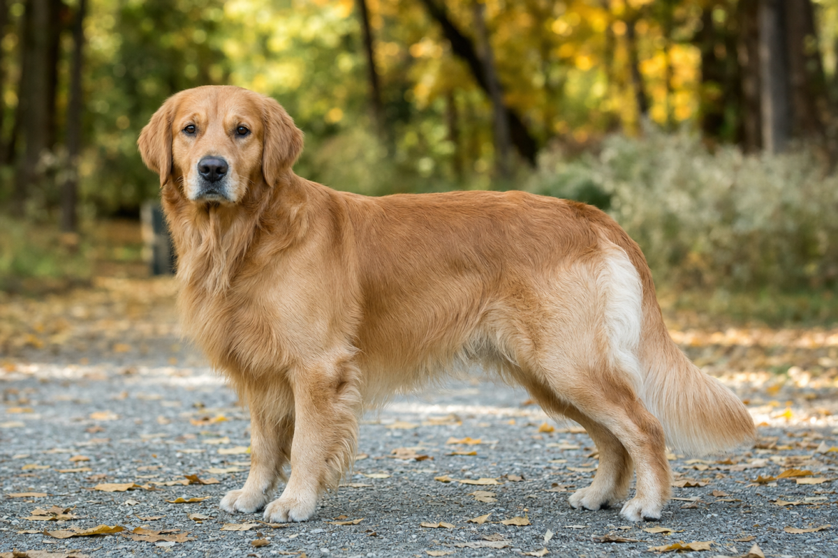 Adult Golden Retriever standing in profile on a gravel park path scattered with fallen autumn leaves