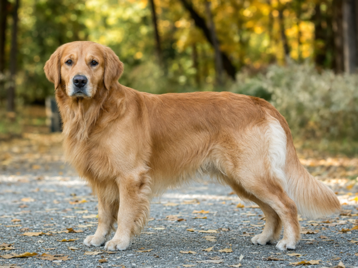 Adult Golden Retriever standing in profile on a gravel park path scattered with fallen autumn leaves