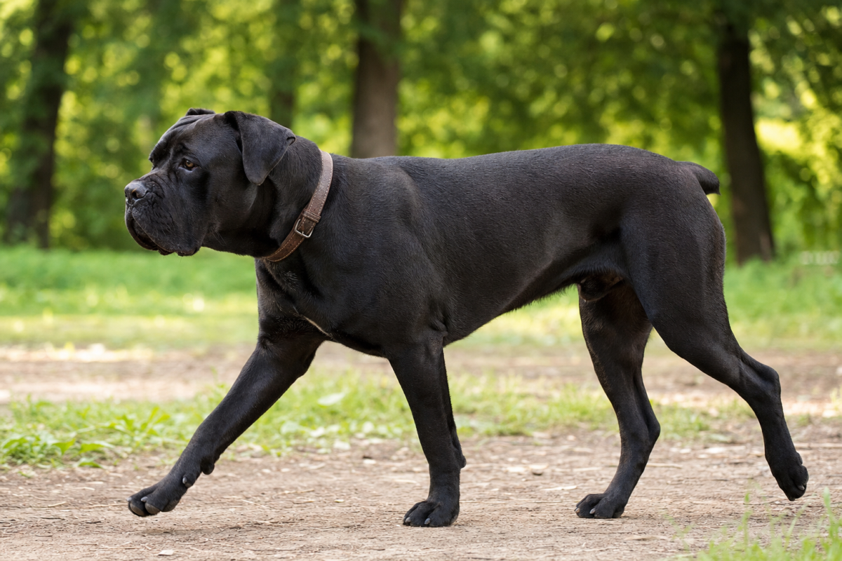 Adolescent black Cane Corso walking along a dirt path in a green park
