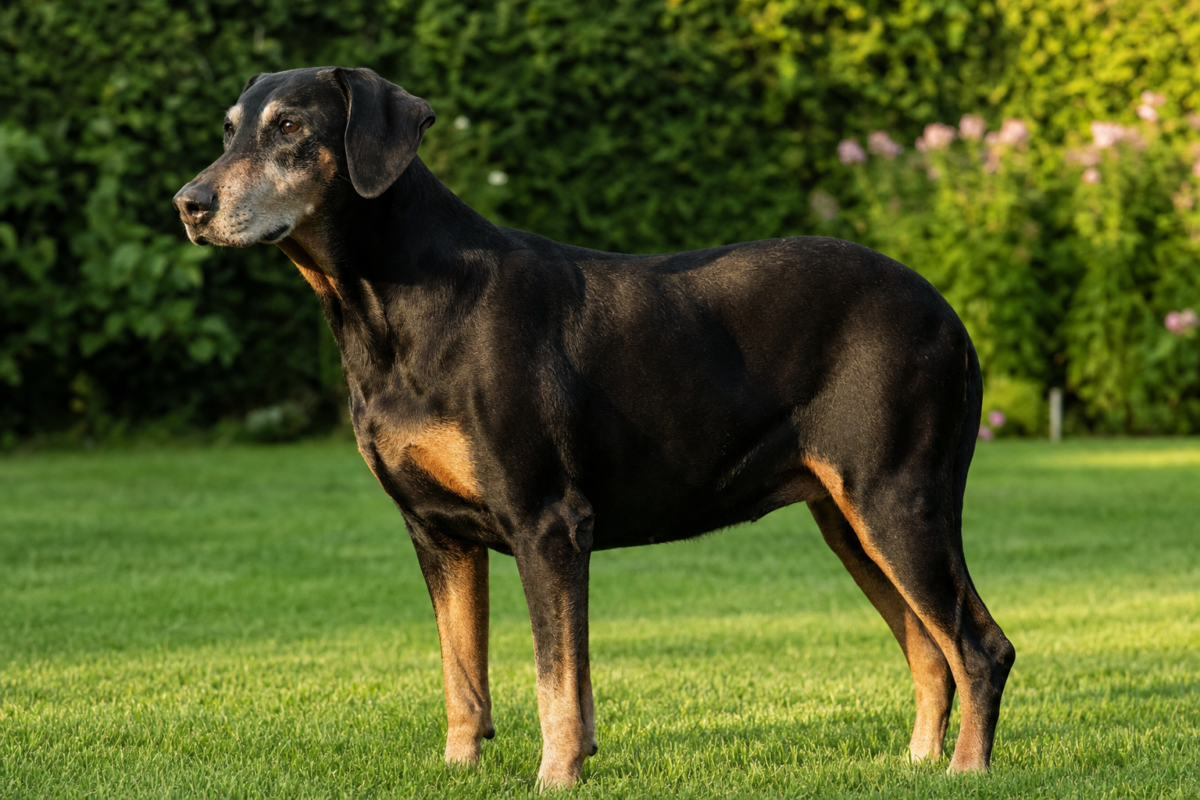 Senior Doberman Pinscher with a greying muzzle standing in profile on a green lawn beside a garden hedge