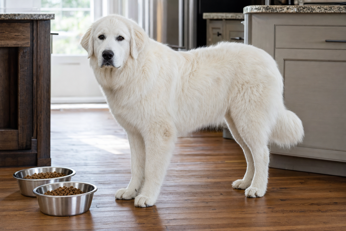 White Great Pyrenees standing on a wooden kitchen floor beside two stainless steel bowls of dry kibble