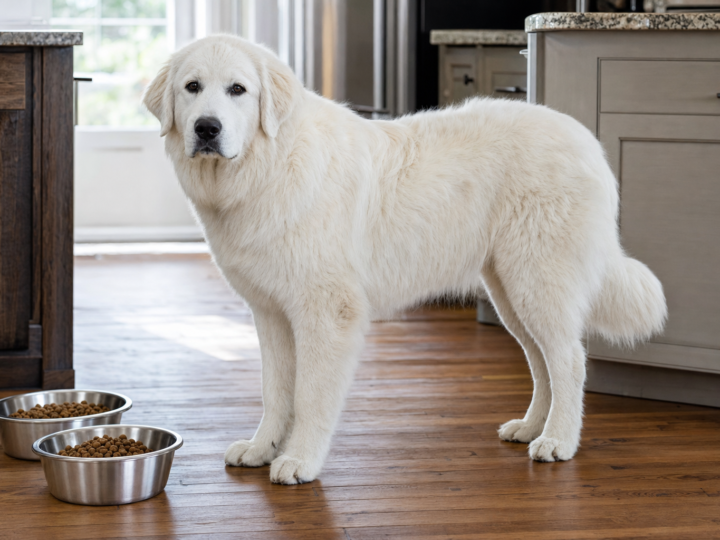 White Great Pyrenees standing on a wooden kitchen floor beside two stainless steel bowls of dry kibble