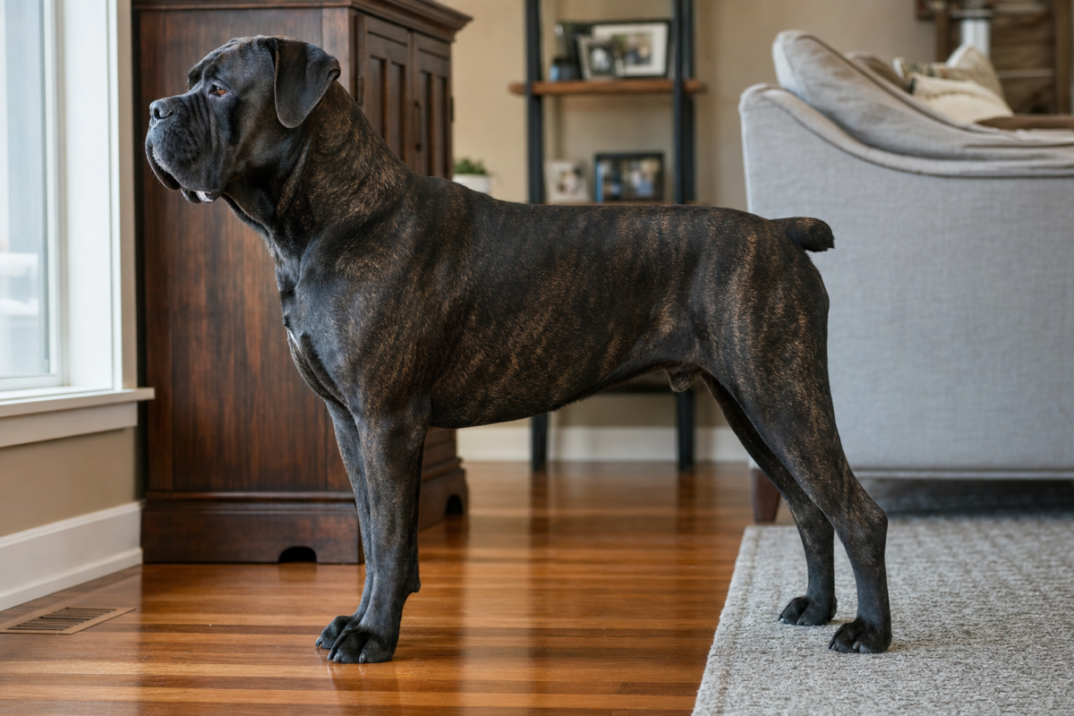 Adult black brindle Cane Corso standing in profile on a polished hardwood floor beside the edge of a grey rug