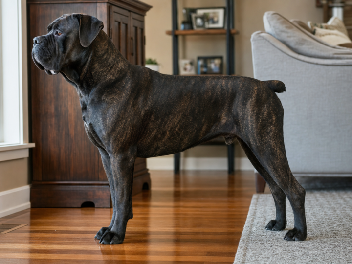 Adult black brindle Cane Corso standing in profile on a polished hardwood floor beside the edge of a grey rug