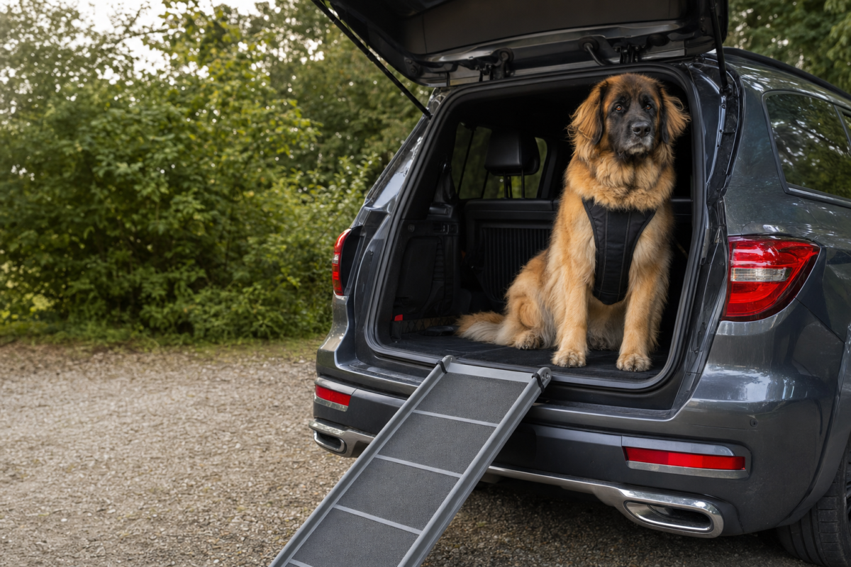 Adult Leonberger in a black safety harness sitting in the open cargo area of a grey SUV with a dog ramp leading down to a gravel driveway