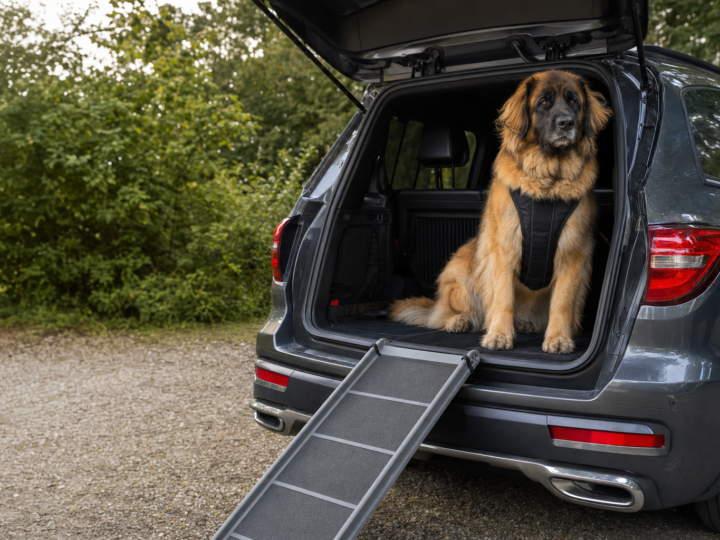Adult Leonberger in a black safety harness sitting in the open cargo area of a grey SUV with a dog ramp leading down to a gravel driveway
