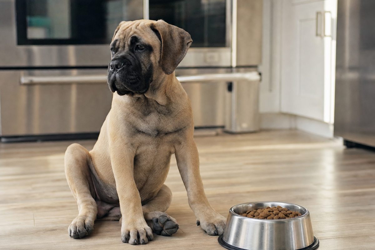 Fawn Cane Corso puppy with a dark mask sitting on a light hardwood kitchen floor beside a stainless steel bowl of kibble
