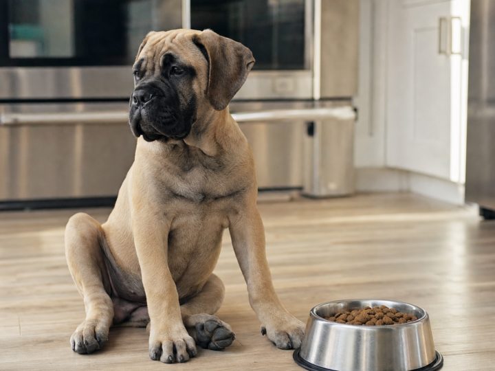Fawn Cane Corso puppy with a dark mask sitting on a light hardwood kitchen floor beside a stainless steel bowl of kibble